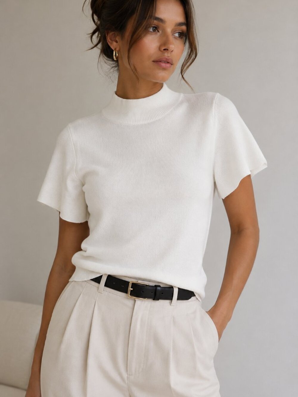 MOTH Anthropologie White Mock Neck Short Sleeve Knit Sweater Top Size M